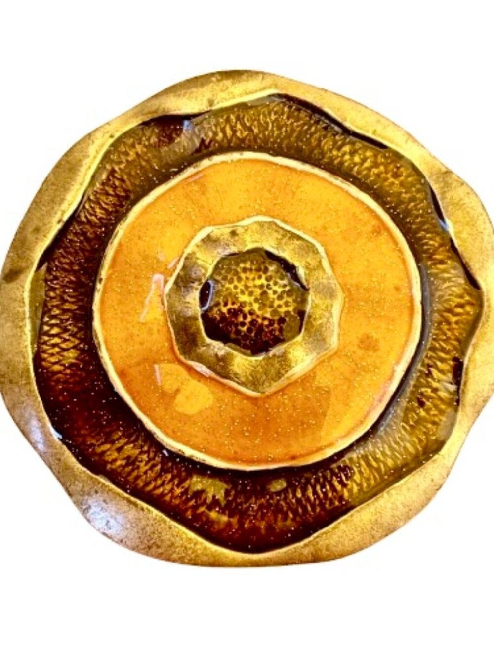 Vintage MCM Enamel Abstract Pendant Necklace Orange Brown Goldtone Brutalist Mod